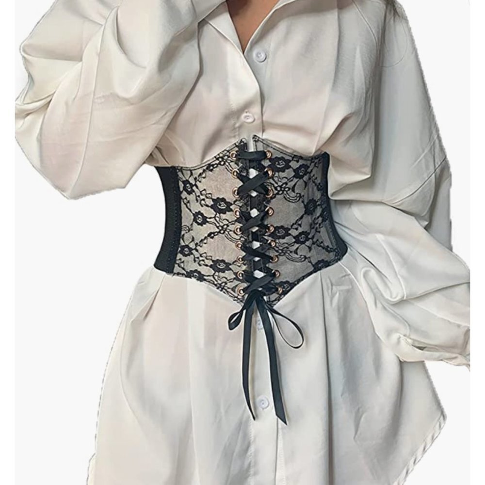 Black Floral Lace PVC‎ Lace Up Corset Elastic Wide Waistband Belt Girdle